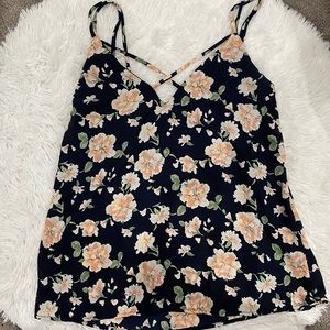 Floral Tank Top Blouse with Criss-Cross V-Neck
